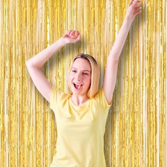 2 Pack Laser Gold Foil Fringe Backdrop Curtains, Tinsel Streamers, Party Decor
