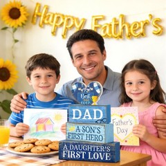 Lineshading 4 Pcs Fathers Day Table Decorations Wooden Blue Heart Trophy Deco…