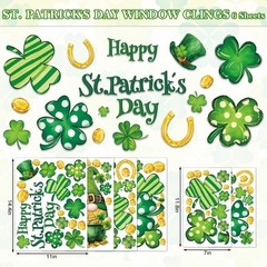 6 Sheet St. Patrick’s Day Window Clings Green Shamrock Gnome Gold Coins Reusab