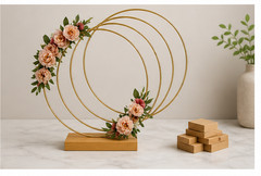 Floral Hoop Centerpiece Kit 12″ Decorative Gold Metal Rings & Wood Bases 7 Pcs
