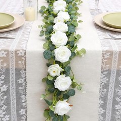 6FT Artificial Eucalyptus Garland with 14 Fake White Rose Flowers – Floral