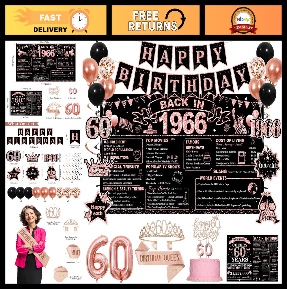 60th Birthday Decorations Kit – Rose Gold & Black, Happy 60th Banner, Crown, Sas