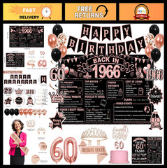 60th Birthday Decorations Kit – Rose Gold & Black, Happy 60th Banner, Crown, Sas
