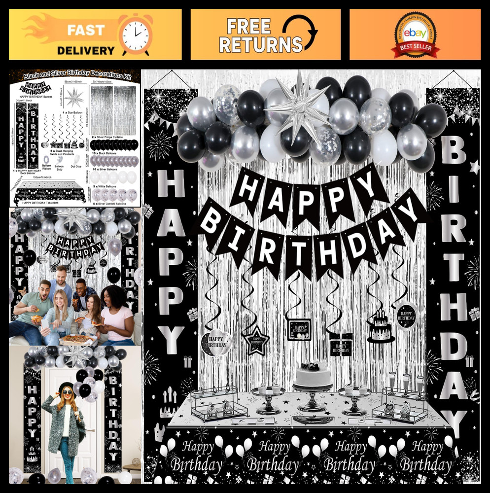 Stylish Black & Silver Birthday Decorations Set for Men, Women, Kids – Balloons,
