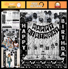 Stylish Black & Silver Birthday Decorations Set for Men, Women, Kids – Balloons,