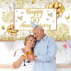50Th Wedding Anniversary Decorations – White Gold Happy Anniversary Banner, Larg