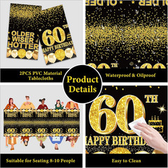 2pcs 60th Birthday Tablecloth, Black Gold 60th Birthday Decorations for Men Wome