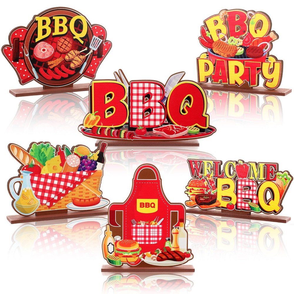 6 Pcs BBQ Centerpieces for Table Wooden BBQ Tabletop Signs for Summer Picnic …