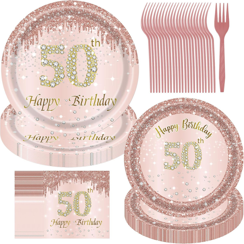 50Th Birthday Decorations for Women, Rose Gold Plates Rose Gold Decorations 96Pc