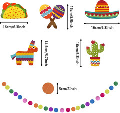 Mexican Party Decorations, 21 Pcs Multi-Color Paper Fans, Pom Poms Flowers for M