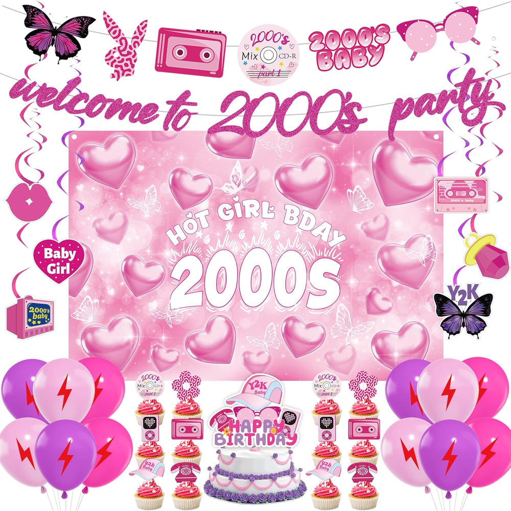Y2K Party Decorations Early 2000S – 40 Pcs Pink Retro Themed Banner Party Hangin