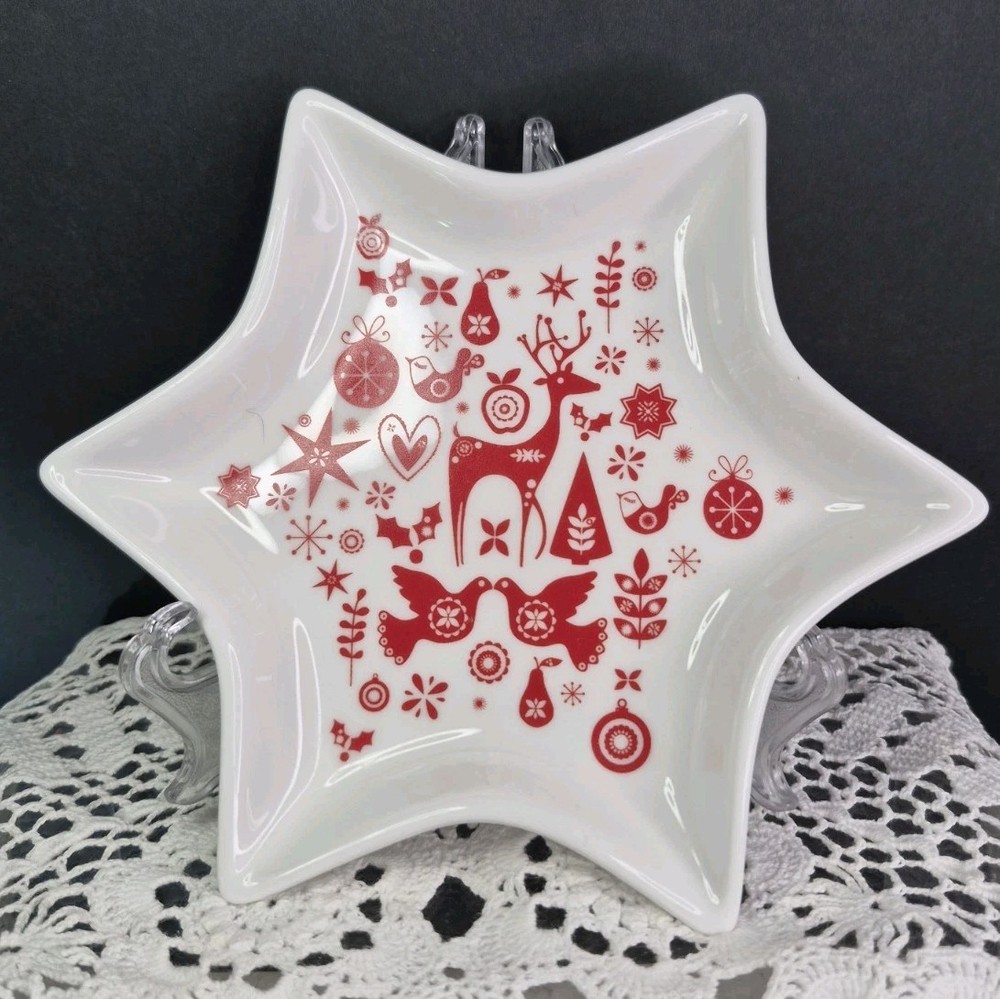 Alex Liddy Bone China Star Shaped Christmas Serving Plate Red And White