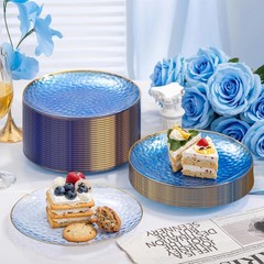 100 Pcs Blue Gold Rim Disposable Plates 7 Inch Hammered Salad Dessert Party
