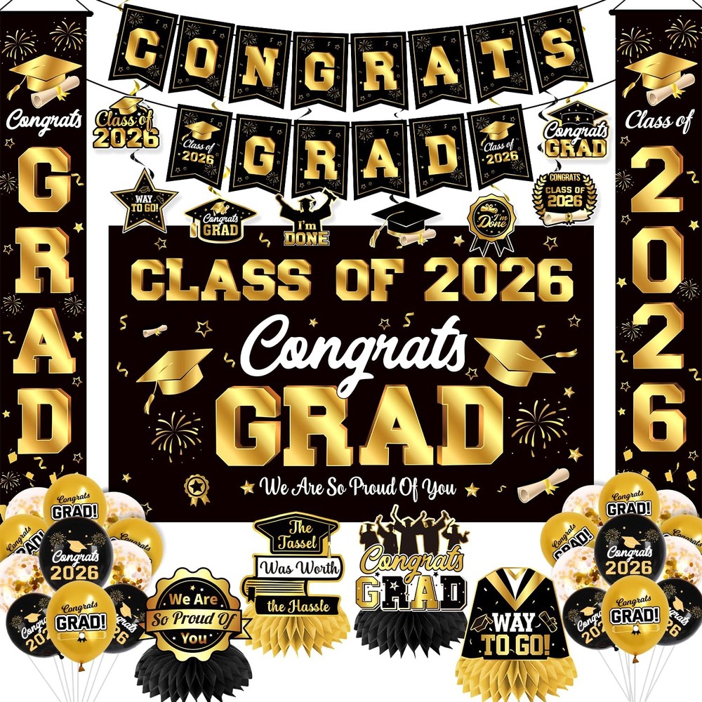 Graduation Decorations 2026 Black and Gold Party Decor Set include Congrats G…
