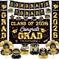 Graduation Decorations 2026 Black and Gold Party Decor Set include Congrats G…