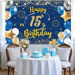 Happy 15th Birthday Backdrop Decorations Blue 15th Blue Gold Background Banner