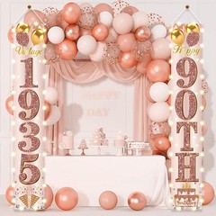 Eiurteao 90th Birthday Banner Lighted Decorations for Women – Pink Rose Gold