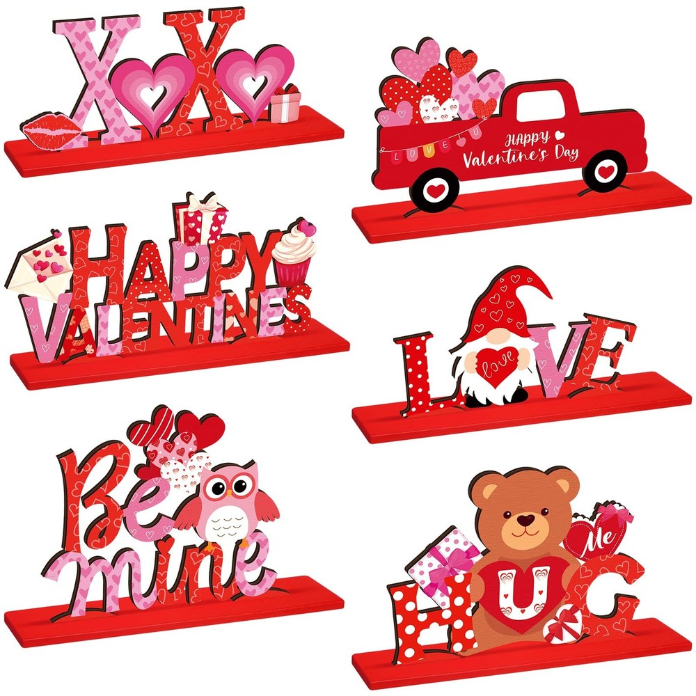 6 PCS Valentine’s Day Wooden Happy Table Centerpieces Signs Party Decor