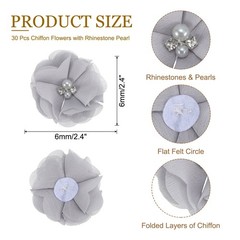 30Pcs 2″ Chiffon Flowers with Rhinestone Pearl Sewing Fabric Flowers, Gray
