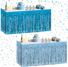2 Pack Light Blue Lake Blue Table Skirts, 29X108″ Metallic Foil Tinsel Fringe