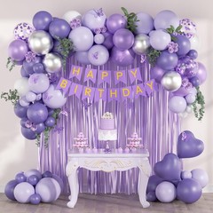 Metallic Silver White Lavender Purple Balloons, Happy Birthday Banner, Cake T…