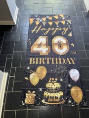 Happy 40th Birthday Banner Cloth Fabric sign 72 X 36 Black gold Decor Celebrate