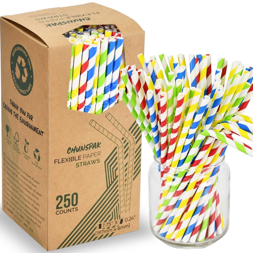 Flexible Paper Drinking Straws, 250 Count, 7.75″ Long, 0.24″ diameter – 100% …