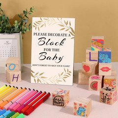 Baby Shower Games Sign Kit with 50 Blank Wooden Baby Blocks, 24 Acrylic Paint Ma