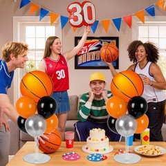 2 Sets Basketball Party Balloons Stand Kit with Orange And Black Balloon Spor…