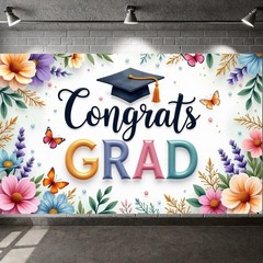 Graduation Backdrop 2026 Floral Congrats Grad Banner for Party Colorful