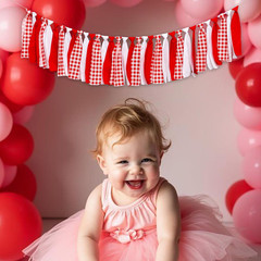 Red and White Gingham Fabric Banner – Checkered High Chair Banner Party Decorati