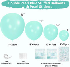Double Pearl Teal Blue Stuffed Balloons Different Sizes 116Pcs 5/10/12/18 Inch T