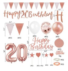 20th Birthday Party Decorations, Glam Rose Gold 20th Birthday Banners & Balloons
