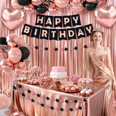 Rose Gold Birthday Decorations, 44Pcs Black & Rose Gold Birthdays Decorations fo