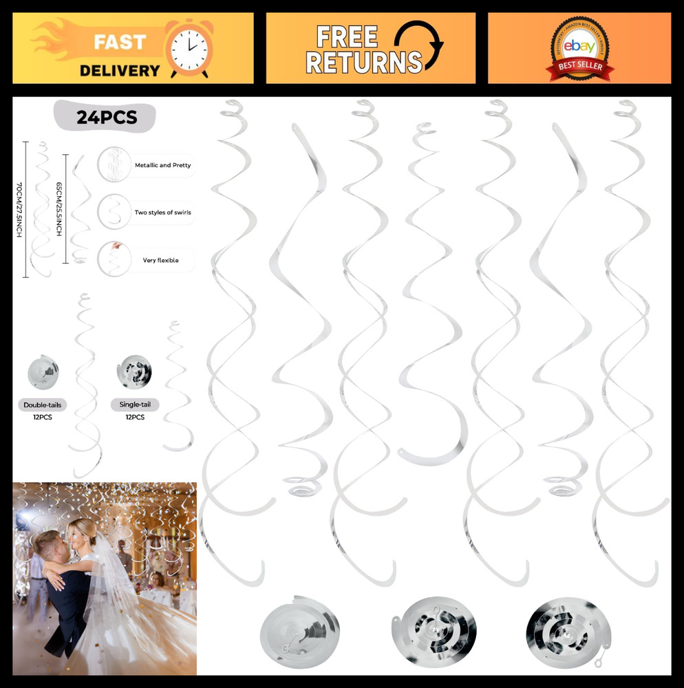 24 PCS Silver Foil Hanging Swirl Decorations, Ceiling Streamers for Parties, Bir