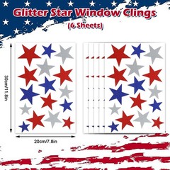6 Sheets Glitter Stars Window Clings Patriotic Glitter Blue Red White Stars