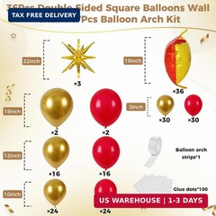 36pcs Red and Gold Square Foil Balloons Wall Backdrop with 147pcs Balloon Garlan