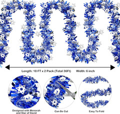 Hanukkah Tinsel Garland 36Ft Set Dreidel Star Blue Metallic Indoor Outdoor Decor