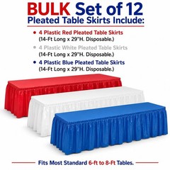 12-PC Patriotic Red, White & Blue Plastic Pleated Table Skirts 14″L x 29″H #591
