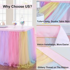 72in Rainbow Tulle Table Skirts for Rectangle Tables 6/4ft, 2-Layer Pastel Co…