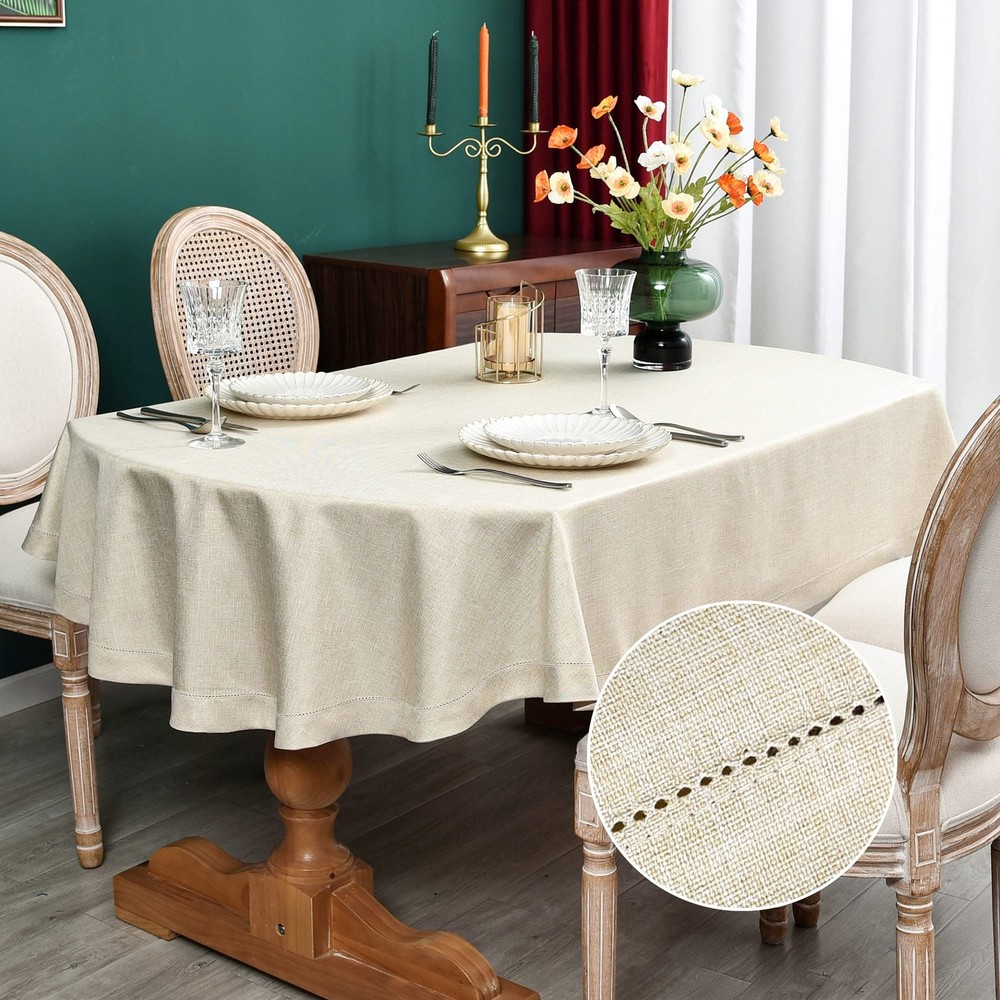 NEWISHER Farmhouse Oval Hemstitch Tablecloth 52×70 Neutral Faux Linen