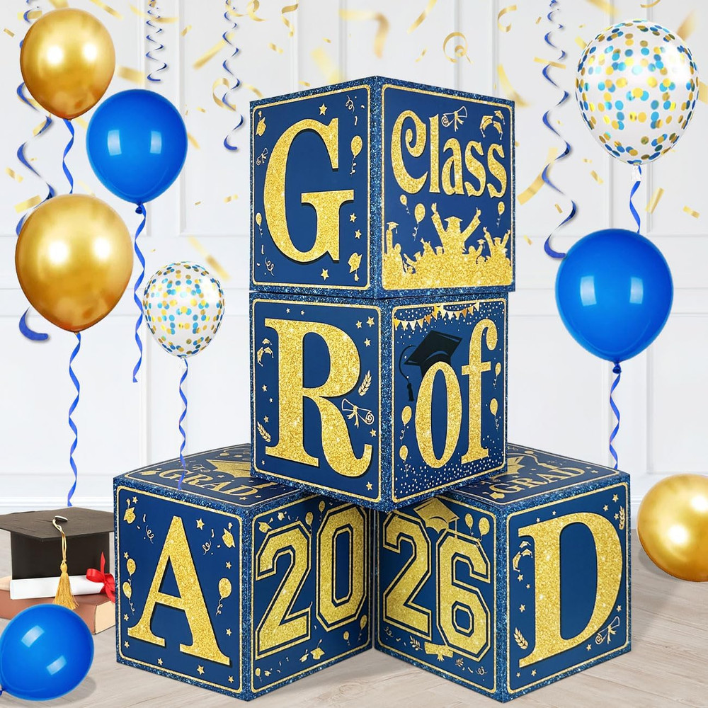 Blue and Gold Graduation Decorations Class of 2026 Graduation Boxes Royal Blue C