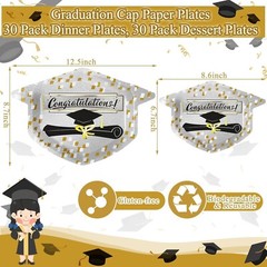 60 Piece Disposable Graduation Party (2 sizes) Plates – Black, Gold, and White