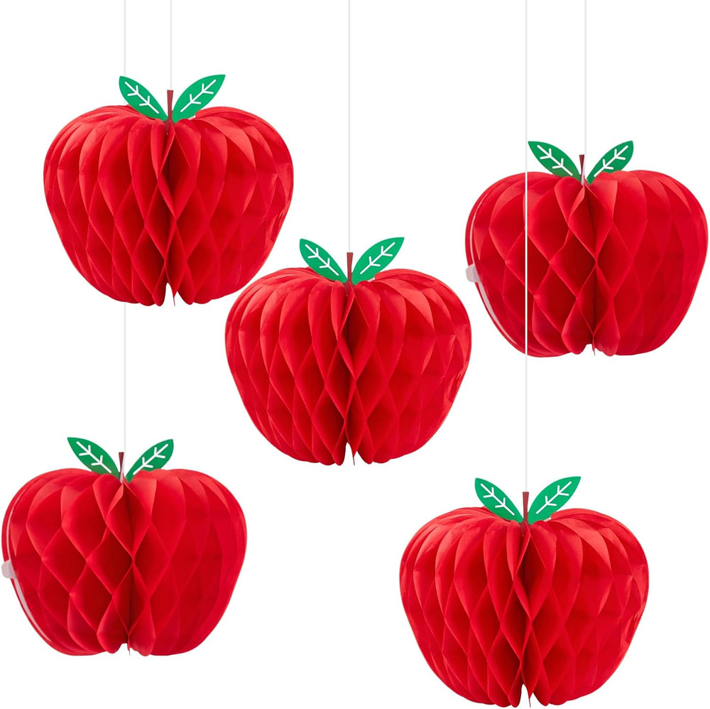 5 Pcs Red Apple Shaped Paper Honeycomb Paper Apple Hanging Decoration School Cla