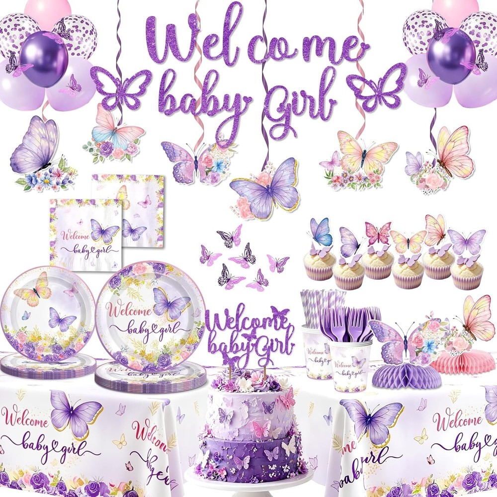 Butterfly Baby Shower Disposable Tableware (Plates, Napkins, Cups, Tablecover)