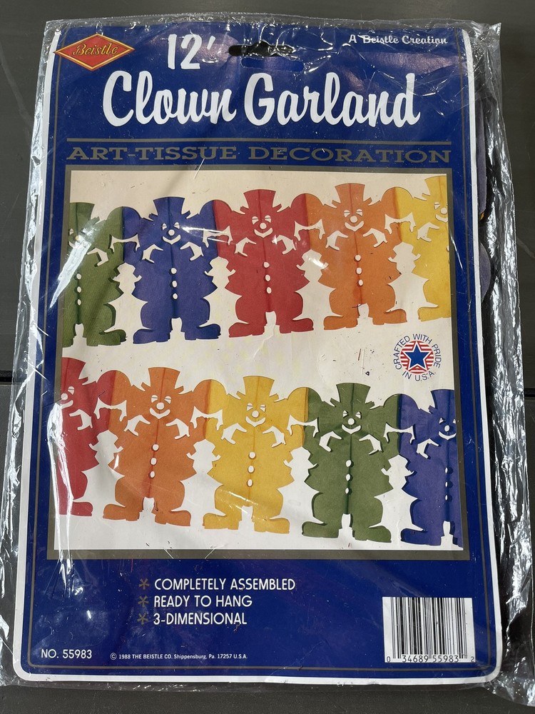 Vintage 12’ Clown Garland – A Beistle Creation – Art Tissue – 3 Dimensional