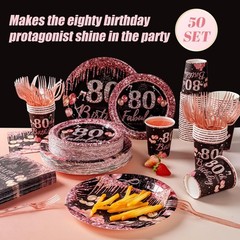 250PCS 80th Birthday Party Supplies – Black & Rose Gold Decor for 50 Guests, Pla