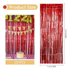 20 Pack Red Foil Fringe Curtains 3.2×9.8ft Metallic Tinsel Photo Backdrop