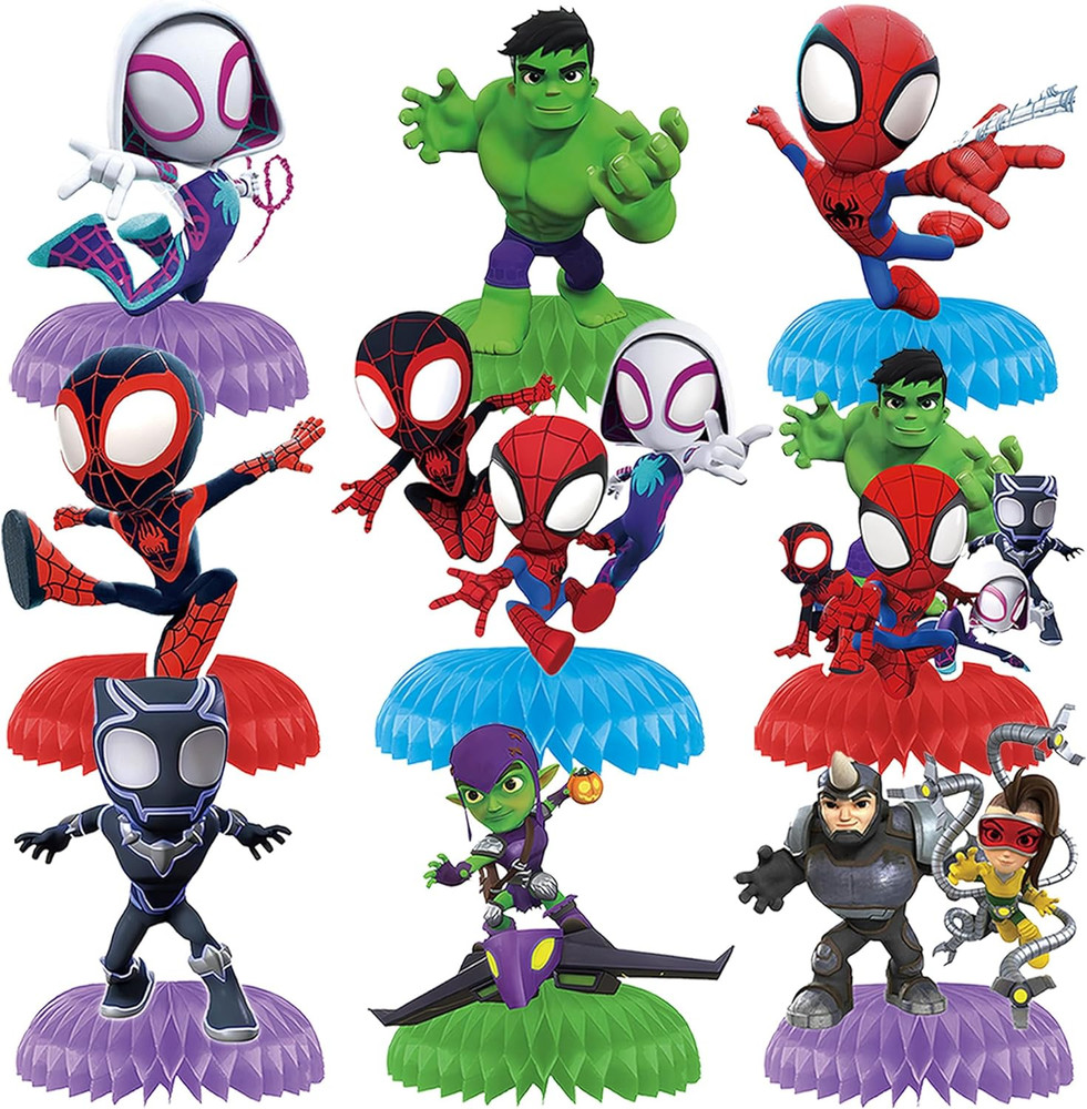 9Pcs Spidey Honeycomb Centerpieces, Cartoon Movie Theme Birthday Party Supplies,