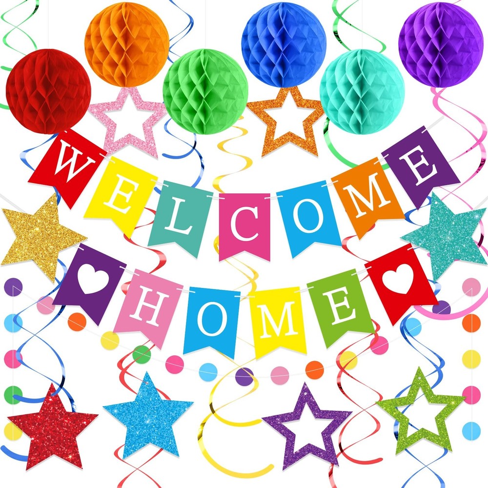 Welcome Home Decorations Welcome Home Banner with Glitter Stars Hanging Swirl…